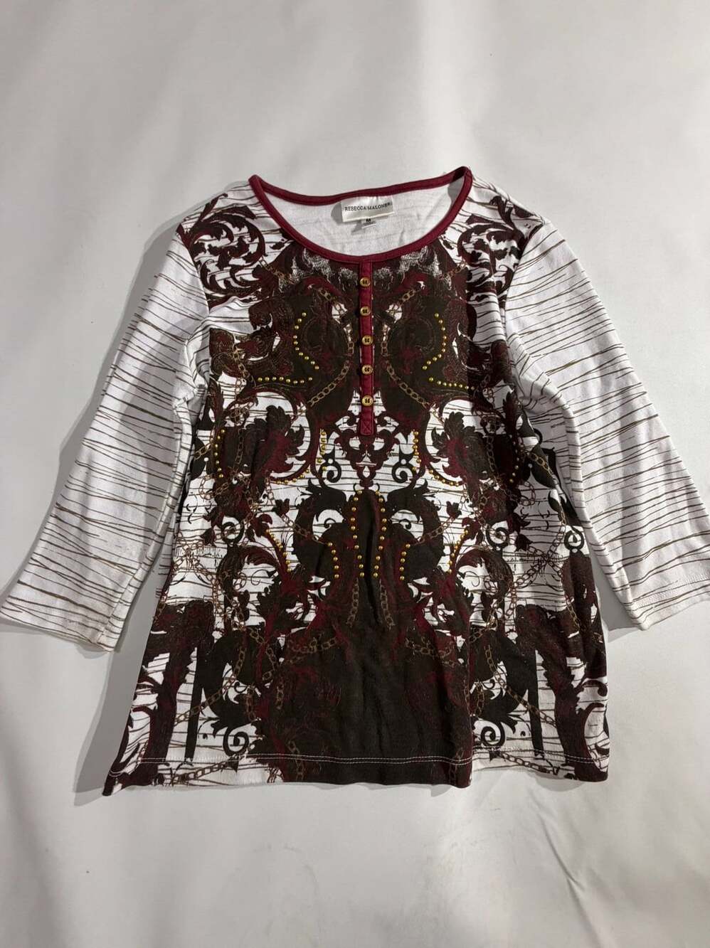 Rebecca Malone Baroque Floral Henley Top Womens M